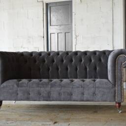British Handmade Grey Velvet 3 Seater Chesterfield Sofa - thumbnail 3