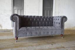 British Handmade Grey Velvet 3 Seater Chesterfield Sofa - thumbnail 1