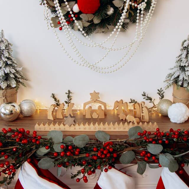 Reusable Advent Calendar With Nativity Scene Set. Holiday Fireplace Decor. Christmas Accents. Wooden Decoration. Countdown - image 1