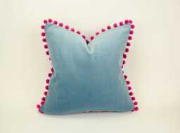 Blue Velvet Pom Pillow // Pink Cushion With Poms - thumbnail 1