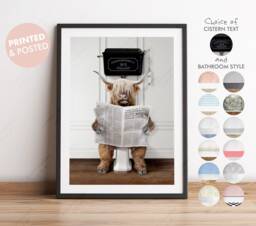 Highland Cow On Toilet With Newspaper, Victorian Toilet, Funny Bathroom Print, Animal Scotland Paper, Whimsy - thumbnail 1