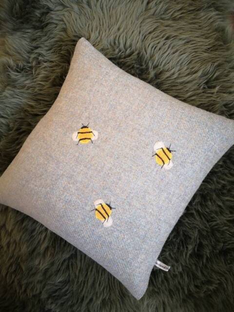 Hand Crafted Harris Tweed Bee Embroidered Cushion Cover - image 1