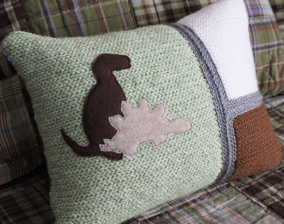 Crochet Throw Pillow Green/Brown/Grey/White Dinosaurs, Decorative Pillow, Initial, Baby Boy Gift, Nursery, 12 X 16 - image 1