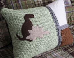 Crochet Throw Pillow Green/Brown/Grey/White Dinosaurs, Decorative Pillow, Initial, Baby Boy Gift, Nursery, 12 X 16 - thumbnail 1
