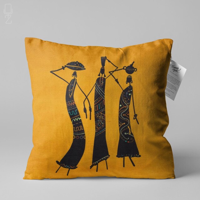 Abstract African Women Chenille Pillow Cover Orange Art Decor - image 1