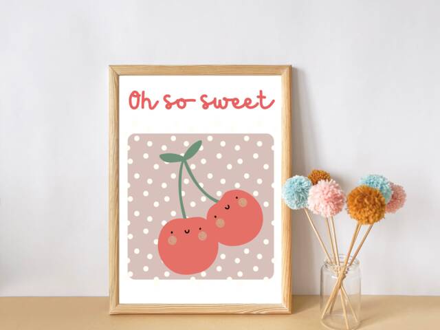 Bright Kids Fruit Print, Cute Cherries, Oh So Sweet Quote - Print Only - image 1