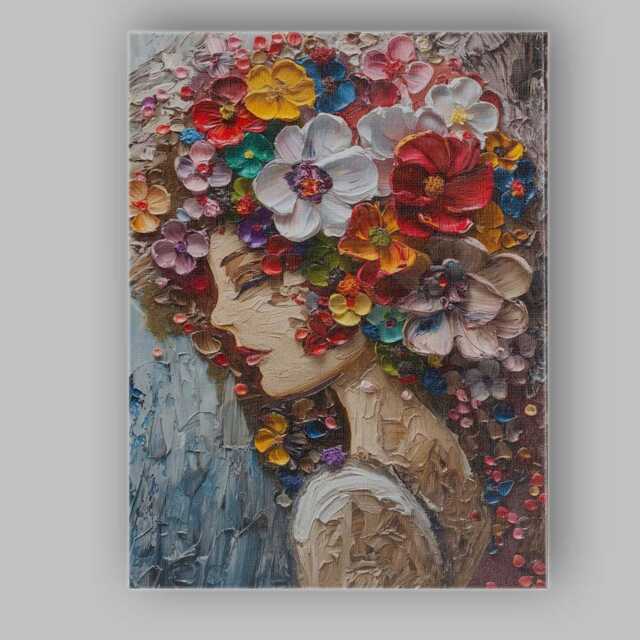 Colourful Floral Woman Portrait Impasto Oil Painting Canvas Wall Art Print Decor Picture Ready To Hang - image 1