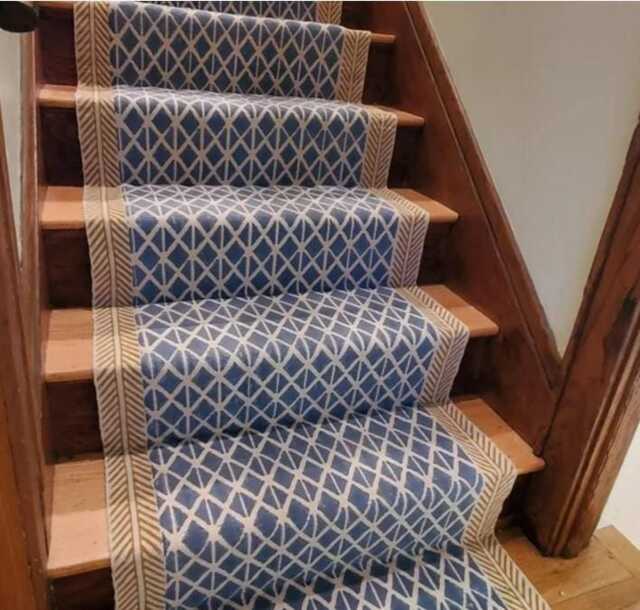 Handmade Block Printed Cotton Stair Runner Rug, Blue Geometric Dhurrie - image 1