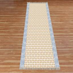Handmade Block Printed Cotton Stair Runner Rug, Blue Geometric Dhurrie - thumbnail 4