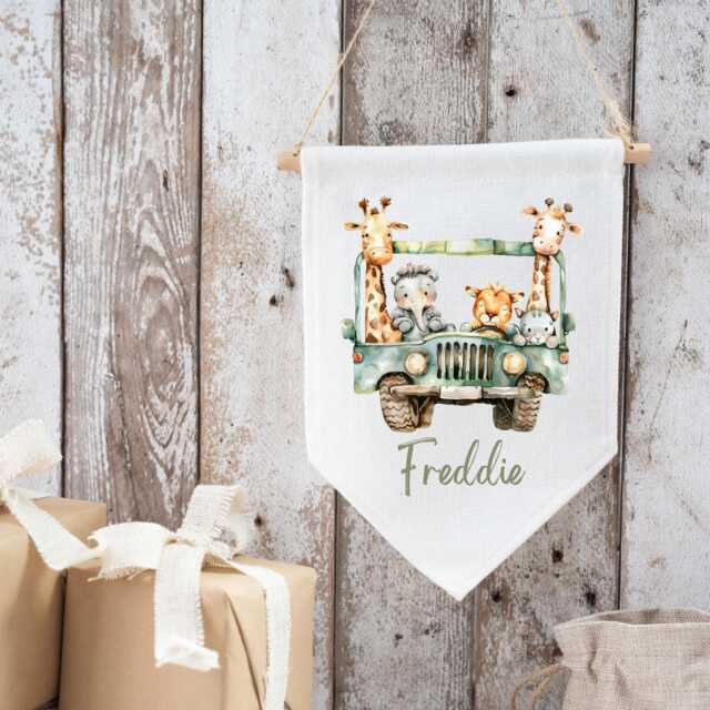 Personalised Safari Wall Hanging, Linen Flag, Baby Nursery Gift, Keepsake - image 1