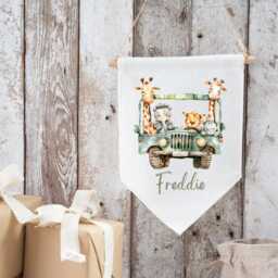 Personalised Safari Wall Hanging, Linen Flag, Baby Nursery Gift, Keepsake