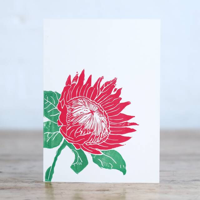 Handprinted Protea Flower Card South Africa National Linocut