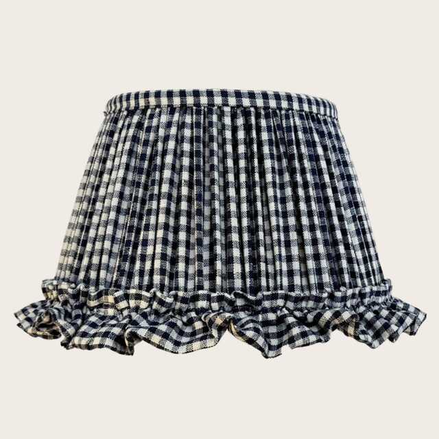 Handmade Indigo Gingham Linen Lampshade - Ruffled Country Cottage Lighting - image 1