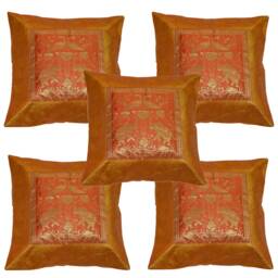 Indian Embroidered Silk Banarsi Cushion Cover Set Square Brocade Pillow Case, Bohemian Sofa Toss Pillow, Traditional Elephant