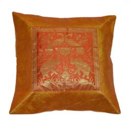 Indian Embroidered Silk Banarsi Cushion Cover Set Square Brocade Pillow Case, Bohemian Sofa Toss Pillow, Traditional Elephant - thumbnail 2