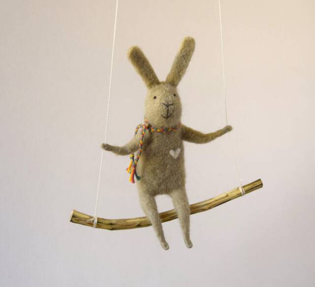 Bunny On Swing, Felt Animal, Nursery Decoration Taupe, Gray Needle Felted Bunny, Hanging Baby Mobile - image 1