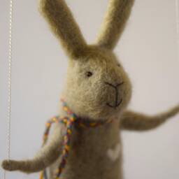 Bunny On Swing, Felt Animal, Nursery Decoration Taupe, Gray Needle Felted Bunny, Hanging Baby Mobile - thumbnail 3