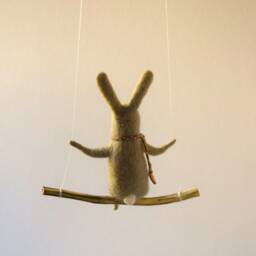 Bunny On Swing, Felt Animal, Nursery Decoration Taupe, Gray Needle Felted Bunny, Hanging Baby Mobile - thumbnail 4