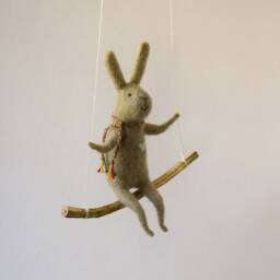 Bunny On Swing, Felt Animal, Nursery Decoration Taupe, Gray Needle Felted Bunny, Hanging Baby Mobile - thumbnail 2