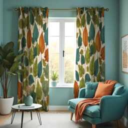 Autumn Leaf Curtains, Green & Orange Botanical Drapes, Nature Inspired Window Panels - thumbnail 2
