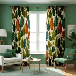 Autumn Leaf Curtains, Green & Orange Botanical Drapes, Nature Inspired Window Panels