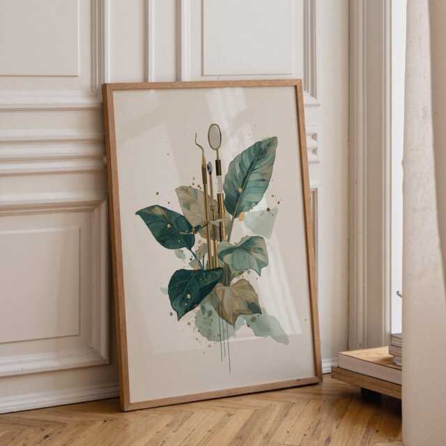 Dental Wall Art Print - Botanical Tools Illustration Modern Dentist Office D??cor Green Medical - image 1