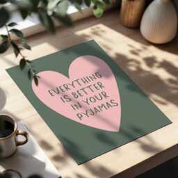 Everything Is Better in Your Pyjamas Art Print, Green & Pink Bedroom Wall Art, Aesthetic Room Decor, Above Bed Heart Poster - thumbnail 3