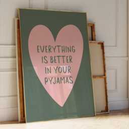 Everything Is Better in Your Pyjamas Art Print, Green & Pink Bedroom Wall Art, Aesthetic Room Decor, Above Bed Heart Poster - thumbnail 2