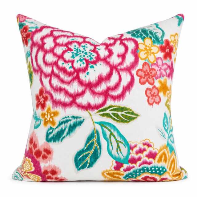 Kaufmann Temara Rose Pillow Cover - Pink Turquoise Floral Ikat Linen Blend Decorative Cushion - image 1