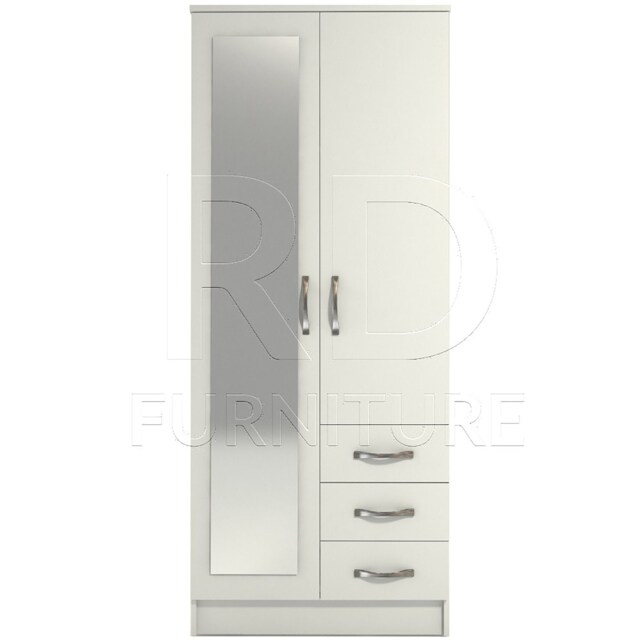 White Wardrobe Ready Assembled Classic 2 Door 3 Drawer Combi Mirrored Wardrobe, Double With Mirror - image 1