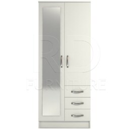 White Wardrobe Ready Assembled Classic 2 Door 3 Drawer Combi Mirrored Wardrobe, Double With Mirror