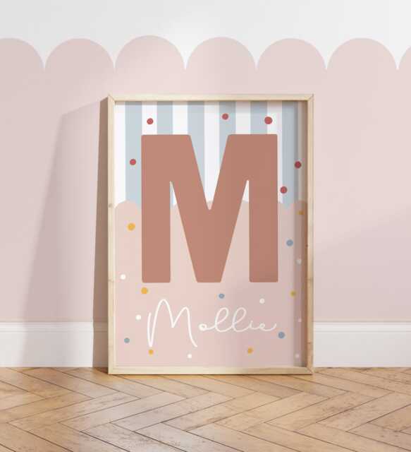 Personalised Girl Initial Print in Pink & Blue, Teen Bedroom Decor, Nursery Prints - image 1