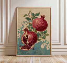 Japanese Pomegranate Poster, Vintage Botanical Art Print, Red Fruit Illustration, Traditional Woodblock Style, Rustic Kitchen Wall Decor - thumbnail 1
