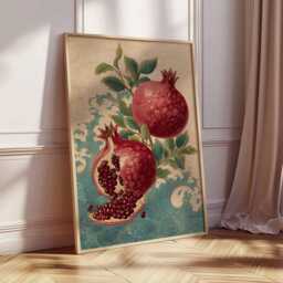 Japanese Pomegranate Poster, Vintage Botanical Art Print, Red Fruit Illustration, Traditional Woodblock Style, Rustic Kitchen Wall Decor - thumbnail 2
