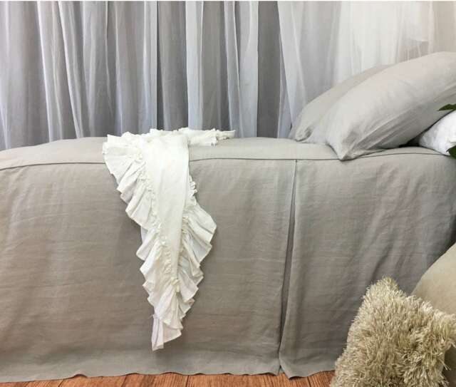 stone Grey Bedspread With Tailored Pleats, Box Pleat Bed Cover in Light Grey Hues - image 1