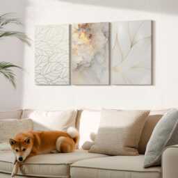 Set Of 3 Canvas Prints - Linear Leaf Patterns Marble, Creamy Wall Art Print, Natural Textures Hanging Piece - thumbnail 3