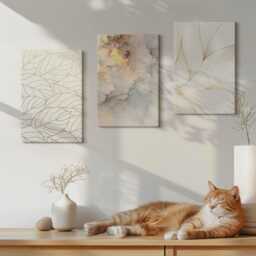 Set Of 3 Canvas Prints - Linear Leaf Patterns Marble, Creamy Wall Art Print, Natural Textures Hanging Piece - thumbnail 2