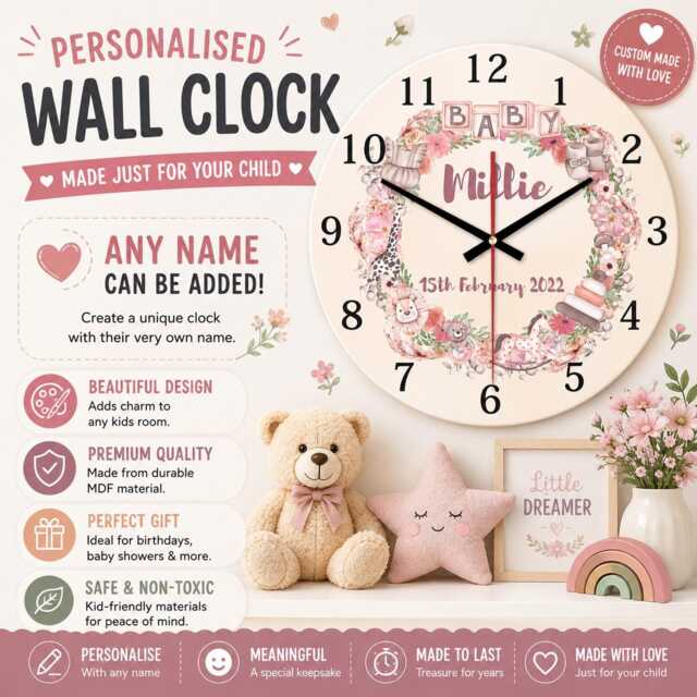 Personalised Baby Name Clock Pink Or Blue Floral Wreath Nursery Decor - image 1