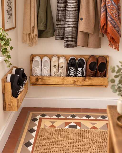 Wall Mounted Wooden Shoe Rack - Slim Storage Organiser Rustic Hallway Holder Handmade Solid Wood - image 1