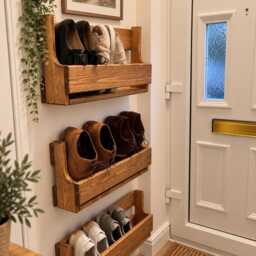 Wall Mounted Wooden Shoe Rack - Slim Storage Organiser Rustic Hallway Holder Handmade Solid Wood - thumbnail 3