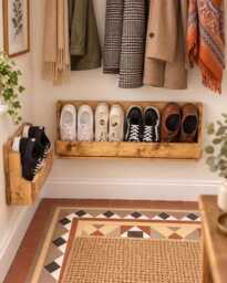 Wall Mounted Wooden Shoe Rack - Slim Storage Organiser Rustic Hallway Holder Handmade Solid Wood - thumbnail 1