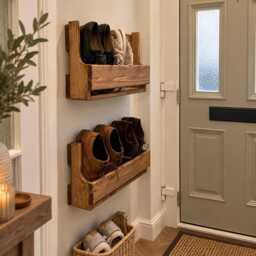 Wall Mounted Wooden Shoe Rack - Slim Storage Organiser Rustic Hallway Holder Handmade Solid Wood - thumbnail 4
