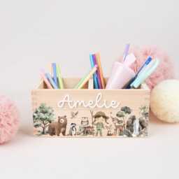 Personalized Pencil Holder Forest Animals, Desk Organizer Wood Acrylic Name, Cup School Enrollment, Gift Child Cone