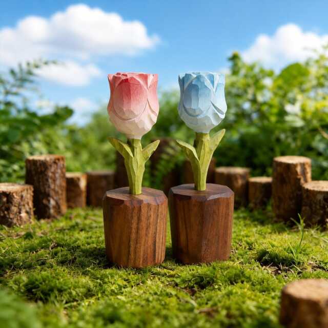 Wooden Rose Figurine - Pink Or Blue Flower Ornament Desk & Shelf Decor - image 1