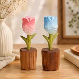 Wooden Rose Figurine - Pink Or Blue Flower Ornament Desk & Shelf Decor - thumbnail 3