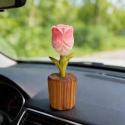 Wooden Rose Figurine - Pink Or Blue Flower Ornament Desk & Shelf Decor - thumbnail 2