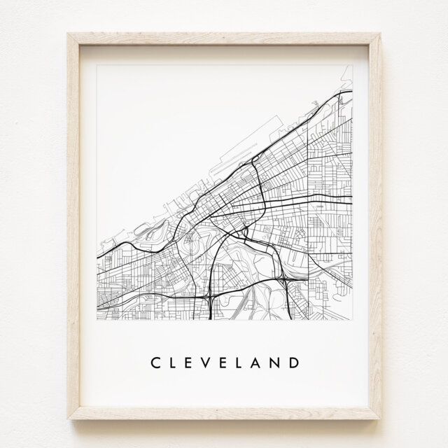 Cleveland Map Street Ohio City Drawing Black & White - Art Print Wedding Anniversary Gift Lake Erie Great Lakes Wall Rust Belt - image 1