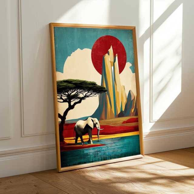 Elephant Mountain Art Print Retro African Landscape - Poster Only - image 1