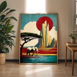 Elephant Mountain Art Print Retro African Landscape - Poster Only - thumbnail 2