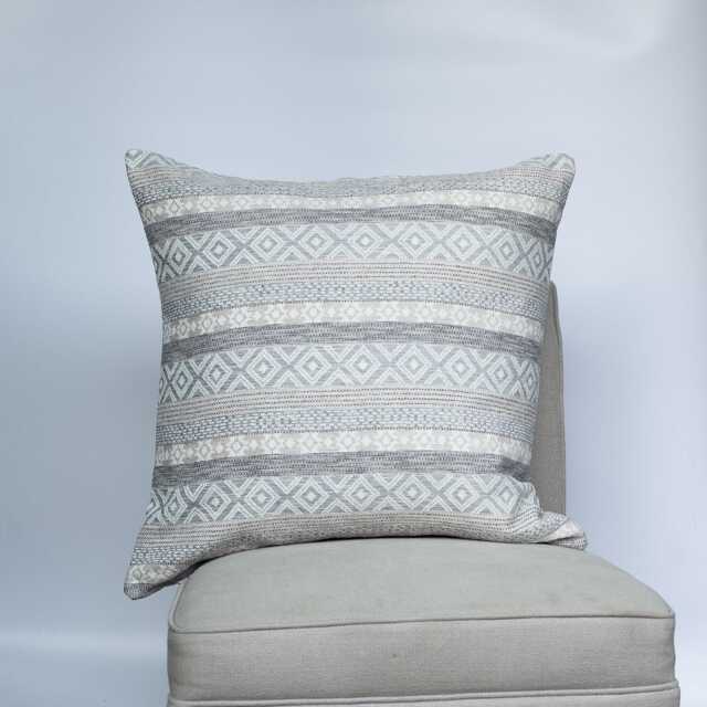 Aztec Boucle Chenille Extra-Large Cushion Cover in Grey. Traditional Mayan Geometric Striped Ikat Design Stone Grey & Beige. 23X23 - image 1